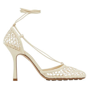 Bottega Veneta Stretch Toile Leather Square Toe Lace Up Tie Sandal Heel Pump 42